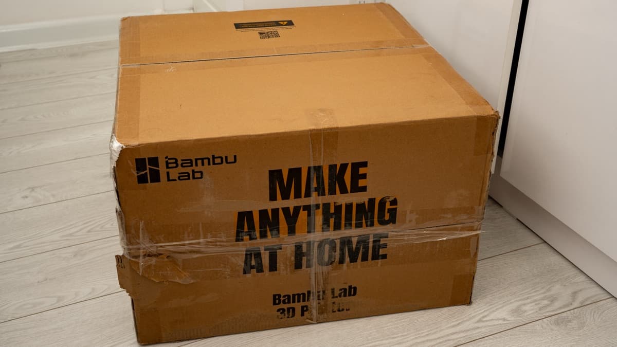 Bambu Lab A2L Combo massive retail shipping box emblazoned with Make Anything At Home