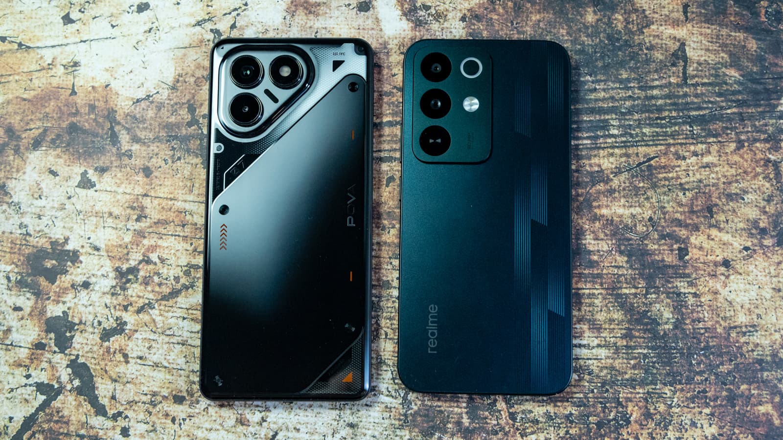 realme P4 (left) and TECNO POVA 7 Neo (right) side by side showing rear panel styling — Photo: Sergey Kuznetsov