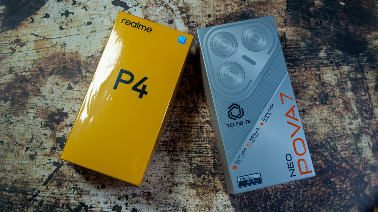 Retail packaging of the realme P4 and TECNO POVA 7 Neo — Photo: Sergey Kuznetsov