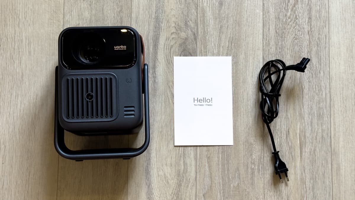 Wanbo ToGo Pro complete retail kit contents including projector unit, standard 1.5m AC power cable, and user documentation